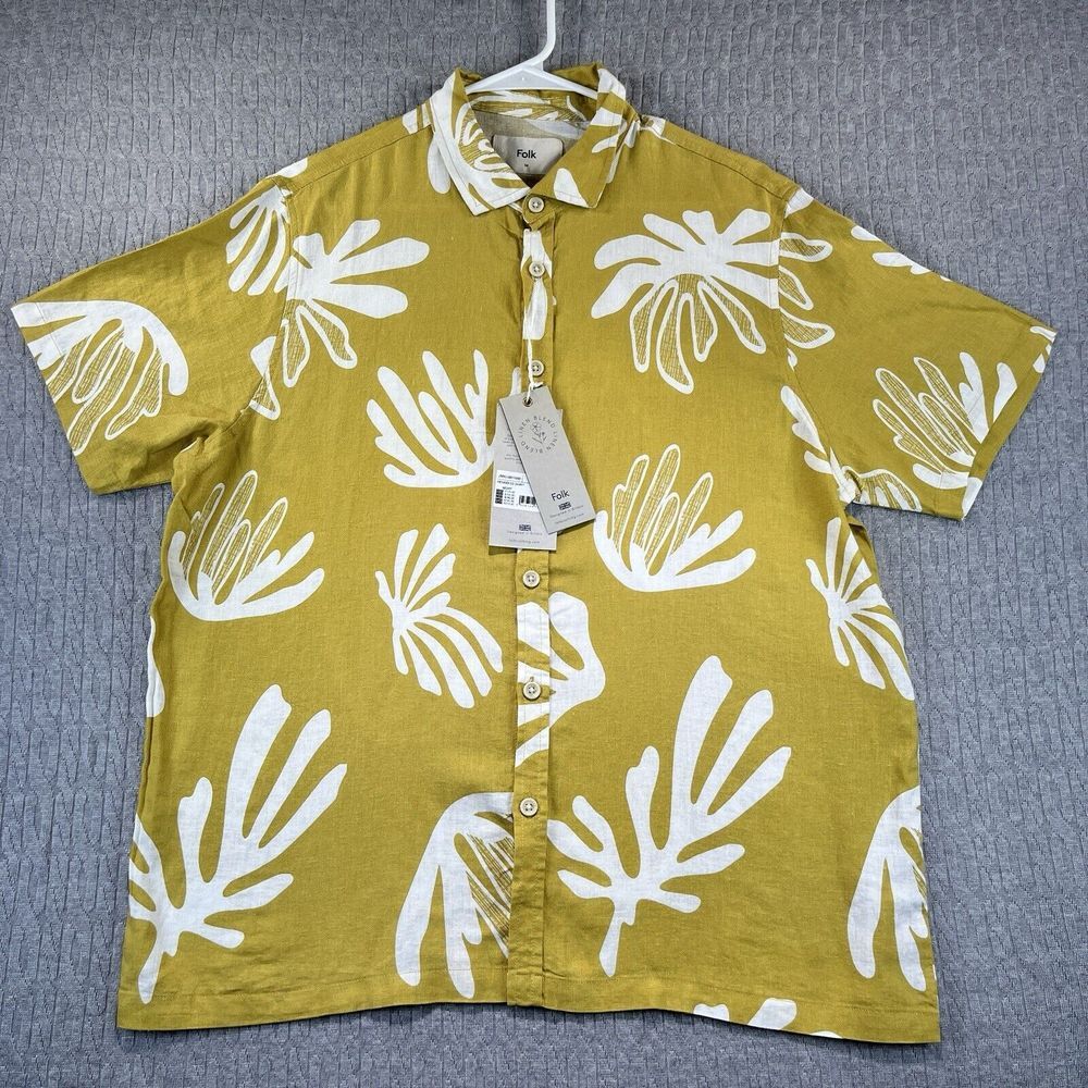 Folk Linin Blend new with tags Gold‎ Floral Button Up Summer Mens shirt size (M)